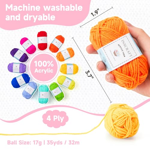 INSCRAFT 48 PCS Crochet Yarn Kit, 1400 Yards 40 Colors Acrylic Yarn Skeins, 2 Crochet Hooks, 2 Weaving Needles, 4 Stitch Markers, 1 Bag, for Crocheting & Knitting, Gift for Beginners and Adults - size: 48 Pieces with Bag