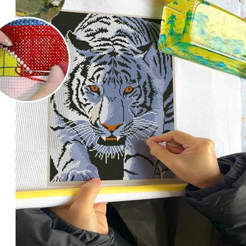 Zhenqing White Tiger Stamped Cross Stitch Kit for Beginners, 11CT Printed Full Coverage Tiger Portrait Pattern, 38 x 48 cm DIY Wildlife Animal Embroidery Needlework Set, No Hoop Needed - color: White Tiger Gaze