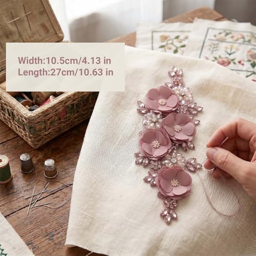 Handmade 3D Flower Embroidery Applique Rhinestone Lace Patches, Dusty Pink - color: Dusty Pink