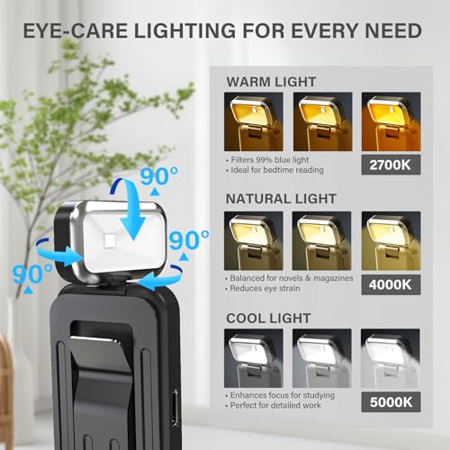 KTEBO Rechargeable Book Light with Clip & Battery Indicator, 9 Luminescence Modes, USB-C Portable 1.6 oz Ultralight Lamp for Night Reading in Bed, Readers - Black - color: Black