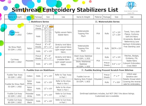 Simthread Tear Away Embroidery Stabilizer Backing - Viscose 100% 1.8 Ounces Medium Weight 8" x 8" 200 Pre-Cut Sheets - size: 8" x 8" 200pcs