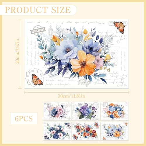 6 Pcs Blooming Floral Rub-On Transfers for Furniture & Crafts, 8 x 12 Inch - style: Blooming Floral