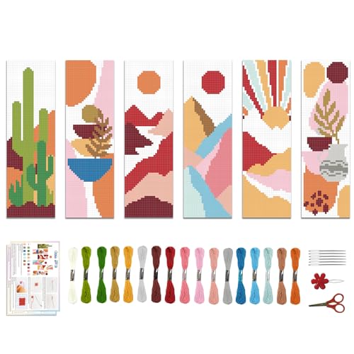 ACRNIGHEET 6PCS Cross Stitch Bookmark Kit for Beginner Boho Abstract Landscape Stamped Cross Stitch Kits for Adults Crossstitch Kits Adult Bookmarks with Instructions Hand Embroidery Craft Gift 11CT - style: Boho abstract patterns