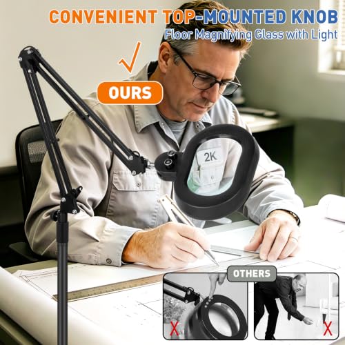 Floor Magnifying Glass with Light, 4 Wheel Stable Stand Base 12X - color: Black
