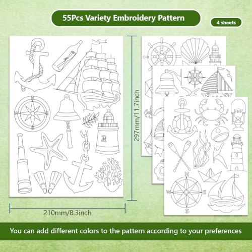BENECREAT 4Sheets 55Pcs Water Soluble Embroidery, 11.7x8.3inch Summer Ocean Navigation Pattern Transfers Water Soluble Stabilizer for Embroidery Stick and Stitch Embroidery Designs - style: Ocean Navigation