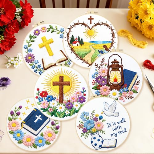 BEUNITONE 6PCS Bible Cross Pattern Embroidery Starter Kit, Hand Embroidery Kits for Adults Beginners Include Hoop Needles Threads and Instruction, Funny Needlepoint Craft Kits for Gifts and Home Decor - style: Bible