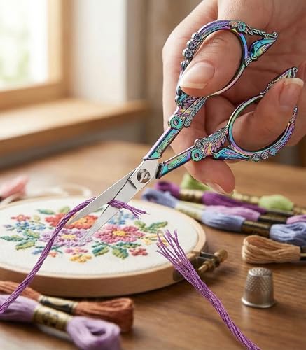 Crochet Scissors with Cover – Vintage Small Embroidery Scissors, Sharp Sewing Scissors for Yarn Thread Craft Needlework, Pretty Gift for Crocheter Quilter, 4.6 Inch 2 Pack - color: Rainbow&bronze