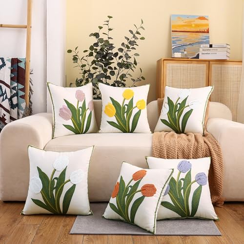 Embroidered Throw Pillow Covers 16x16 Pack of 2 Pink Tulip - color: Pink Tulip, size: 16" x 16" (Pack of 2)