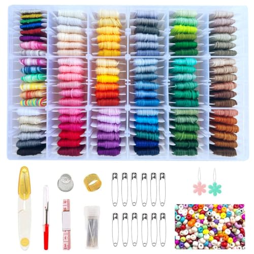 660Pcs Friendship Bracelet String Kit with Storage Box, Embroidery Floss Kit Include 110 Colors Embroidery Thread, 500 Beads, 50 Cross Stitch Tools for Hand Embroidery Knitting Sewing Floss Bobbins