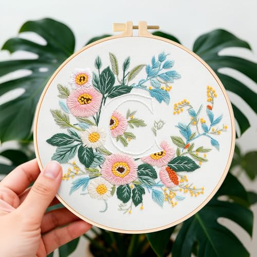 Zerzsy 7.87 '' Embroidery Kits Plant Flower Leaf English Letter Patterns for Beginners Adults, Easy to Learn Cross Stitch Kit for Home Office Decor - color: Letter C