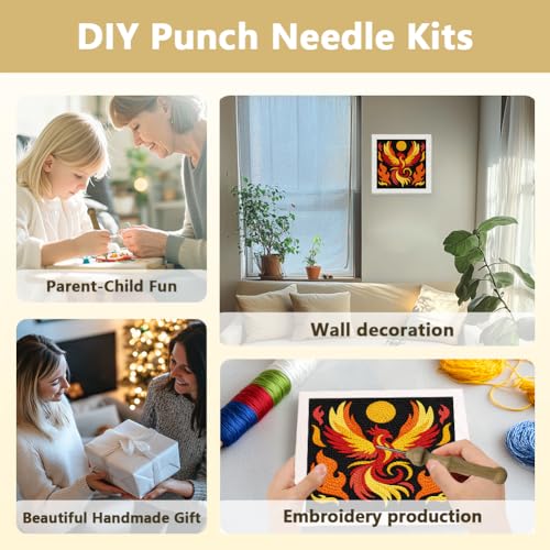 DOODLREAM Fire Phoenix Punch Needle Kit for Beginner 9.4" x 9.4" - color: Fire Phoenix