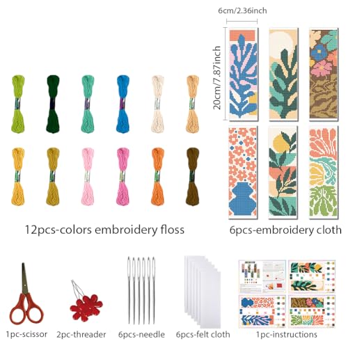 FREEBLOSS 6 Set Cross Stitch Bookmark Kit Abstract Flowers Pattern Stamped Cross Stitch Kit 11CT Embroidery Kits with Instructions for Beginners Adult 20x6cm/8x2.4inch - style: Minimalist Art