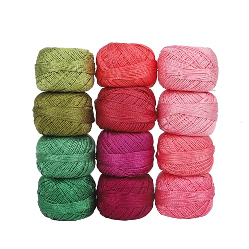 Size 8 Double Mercerized Egyptian Long Staple Cotton Pearl Thread 12 Gradient Colors per Box 5 Grams Ball Rainbow Color Embroidery Thread for Crochet Cross Stitch Hand Embroidery (12T) - color: 12T