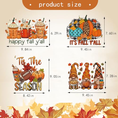 4 Sheets Fall Thanksgiving Iron On Transfers for T-Shirts, Heat Transfers Vinyl Harvest Pumpkin Maple Leaf Dwarf HTV Vinyl Iron on Decals for T-Shirt Clothes Pillow Hoodie DIY Crafts - color: D
