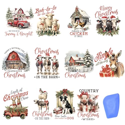 ZMRU 24 Sheets Vintage Christmas Rub On Transfers for Crafts, Rub On Transfers Christmas for Wood，Furniture Decals, Glass, Porcelain, Leather, Canvas, Fabric Projects,3 * 3inch(Farm Christmas) - color: Cottage farm Christmas