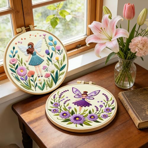 ERKOON Embroidery Kit for Beginners, 2 Set Flower Cross Stitch Set Include Embroidery Cloth Hoops Threads for Craft Lover Hand Stitch with Embroidery Skill Techniques (Angel) - color: Angel