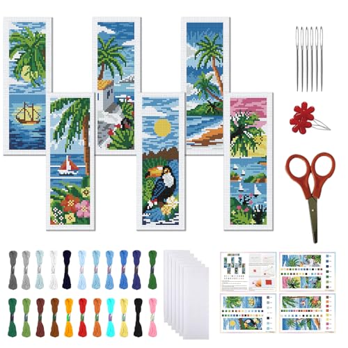 FREEBLOSS 6 Set Cross Stitch Bookmark Kit 11 CT Stamped Cross Stitch Kit DIY Embroidery Bookmark Kits for Adult Beginners with Instructions, Tropical Landscape Pattern, 6 x 20 cm/8" x 2.4" - style: Tropical