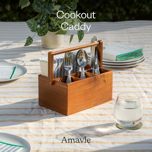 Acacia Wood Utensil Caddy with Handle, Wooden Silverware Holder, Multi-purpose Organizer for Kitchen, Office, Bathroom, Bedroom