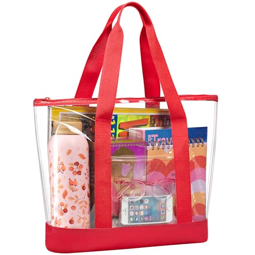 Handy Laundry Clear Tote Bag - Zipper Closure, Long Shoulder Strap, Fabric Trimming. - color: Red