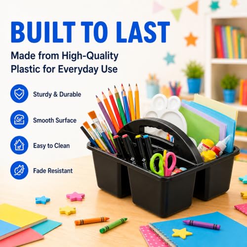 Haundry 6 Pack Black Classroom Caddy, 3-Compartment Plastic Supply Bins - color: Black