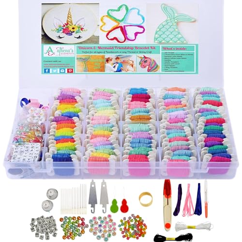 Athena's 200 Pcs Friendship Bracelet String Kit String Bracelet Making Kit with Organizer Box-Included 100pcs Friendship Bracelet Floss Thread,Cross Stitch Kits Xmas Gifts (Unicorn-Mermaid Theme)