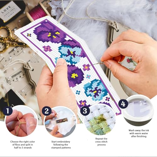 INFUNLY 6pcs Red Rose Cross Stitch Bookmark Kits DIY Sunflower Peach Blossom Embroidery Bookmark Kits for Beginners with Instruction Blue Flower Bookmark Making Kit for Book Lovers Readers Women Gifts - style: Flower