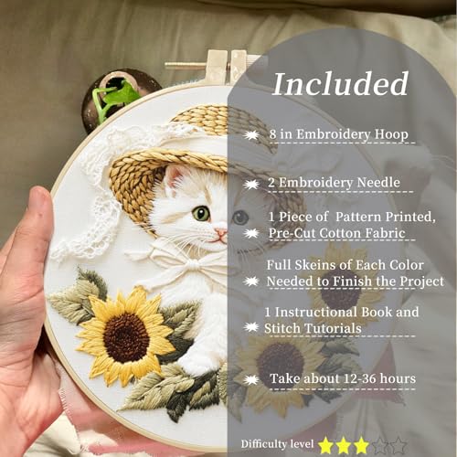 FONNUY White Kitten Embroidery Kit, Sunflowers Cat Lace Hat Cross Stitch Kits for Beginners, Handmade Crafts with Printed Patterns for Adults, Color Thread Needlework, 8'' Hoop (Cat 01) - color: Cat 01