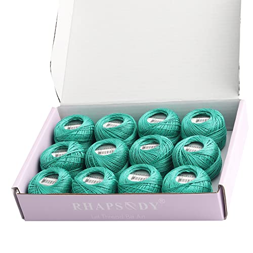 Rhapsody Pearl Cotton Thread Size 8 Crochet Thread Perle 12 Balls Set Hand Knitting, Embroidery, Sashiko, Cross-Stitch, Sewing, Needlepoint, DIY, Quilting (Aquamarine, Col. 611) - color: Aquamarine, Col. 611