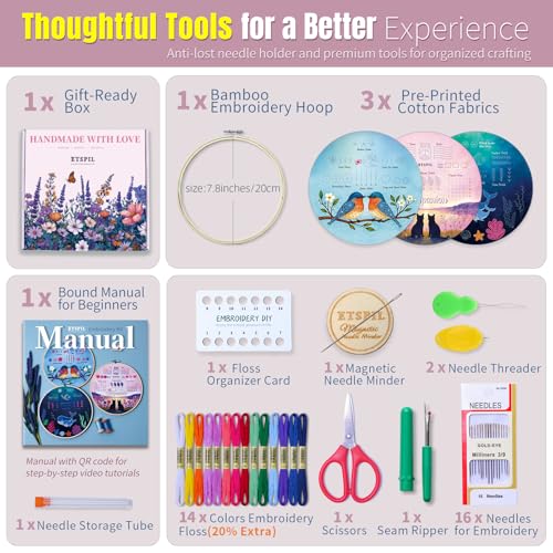 ETSPIL Beginner Embroidery Kit for Adults, Full-Color Print, 4K Video - color: Companion F