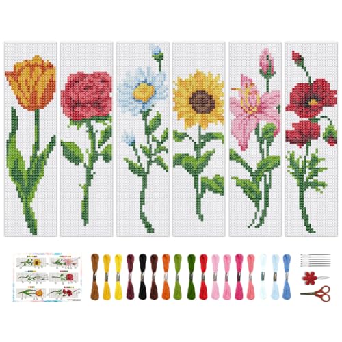 BEUNITONE 6 Pcs Flower Bookmark Cross Stitch Kits DIY Stamped Embroidery Bookmark Kit for Adults Beginner with Instructions Vivid Floral Cross Stitch Kits for DIY Crafts Book Lovers Gifts 2.4x8 in - style: Single Flower