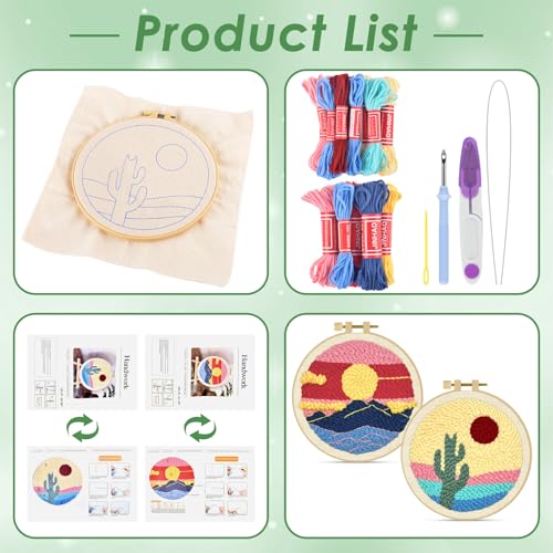ERKOON Punch Needle Kit Adults Beginners, 2 Pcs DIY Easy Landscape Embroidery Set for Starter Art Craft, Needling Punching Project with Patterns, Tools, Yarns, Hoop, Instruction (Desert & Afterglow) - color: Desert & Afterglow