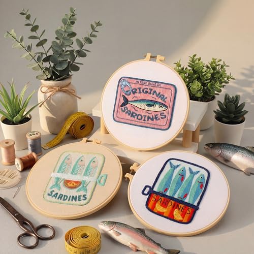 Mindsoft 3 Set Needlepoint Kit for Beginners with Hoop,Sardine - style: Sardine