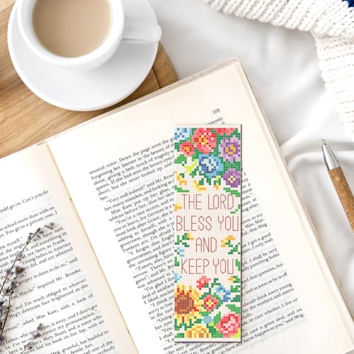 FREEBLOSS 6 Set Cross Stitch Bookmark Kits Flowers Pattern with Inspirational Words Stamped Cross Stitch Kit 11CT Embroidery Kit with Instructions for Beginners 20x6cm/8x2.4inch