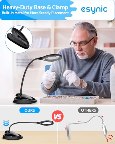 eSynic Desk Table Magnifying Glass with 15 LED Lights-800mAh Rechargeable