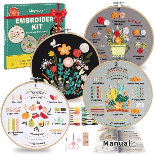 Meyocky Embroidery Kit for Beginners to Learn 31 Basic Stitches with Video - color: Multicolor