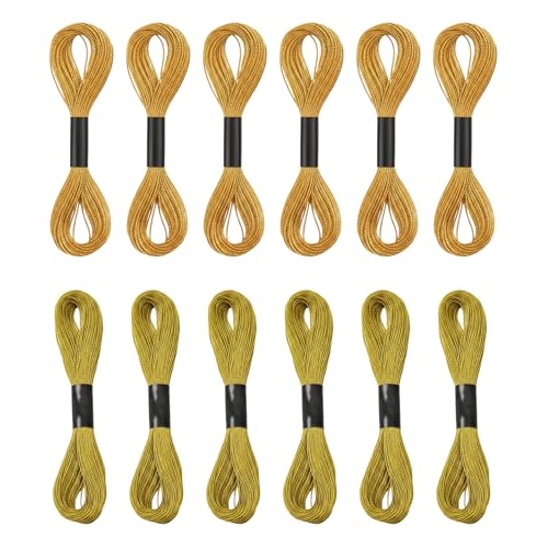 12 PCS Gold Embroidery Thread, Embroidery Floss for Cross-Stitch and Friendship Bracelets, Sewing Thread with Gold Shimmer, 8m Each in Golds and Golden Yellow