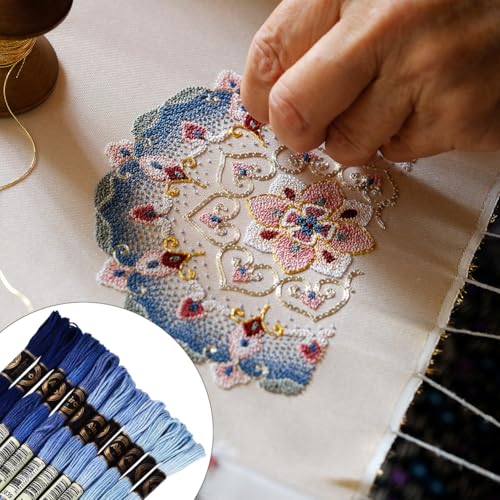 105 Yards 12 Skeins Gradient 6 Strands Marine Blue Cross Stitch Thread Polyester Variegated Embroidery Floss Friendship Bracelet String Assorted Bulk for Hand Sewing Making Knitting Supply - color: Marine Blue Color
