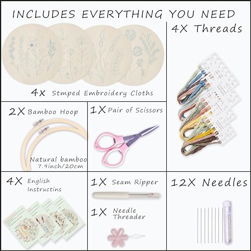Bonroy 4 Sets Embroidery Kit for Beginners,Embroidery Kit for Art Craft Handy Sewing Include Embroidery Clothes with Pattern,Embroidery Hoops, Instructions,Color Threads Needle Kit (Multi 5) - color: Multi 5