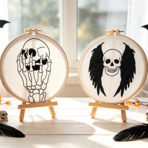 Skull Halloween Embroidery Kits for Beginners Adults, Gothic Embroidery Sets Needlepoint Kits, Halloween Stamped Cross Stitch Kits for Beginners Adults, 2 Embroidery Hoops (Attached Video Tutorial) - color: Halloween-1, size: 8inch