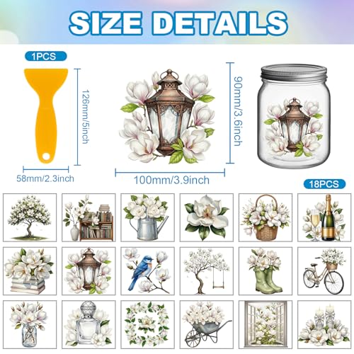 GLOBLELAND 18 Sheets White Magnolia Transfer Stickers 3.9x3.6inch Flowers Colorful Transfer Decal Rub on Transfer for Cup Decal Vase Glass Art Crafts Decorations - style: Magnolia