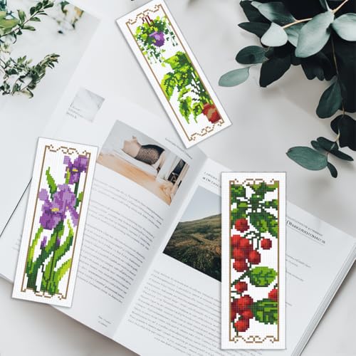 INFUNLY 6PCS Flower Plants Cross Stitch Bookmark Kit for Adults Tulip Sunflower Cross Stitch Kits DIY Crossstitch Kit Green Leaf Stamped Embroidery Bookmark Kits with Instructions for Book Lovers - style: Tulips