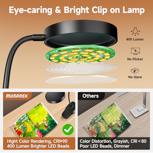 Mubarek Clip on Lamp,5 Brightness+5 Color Clip on Light,200LM 36 LED Reading Lights for Books in Bed,1800mAh Battery Powered Lamp Battery Operated Lights,Rechargeable Desk Lamp with Clamp Light - color: Black