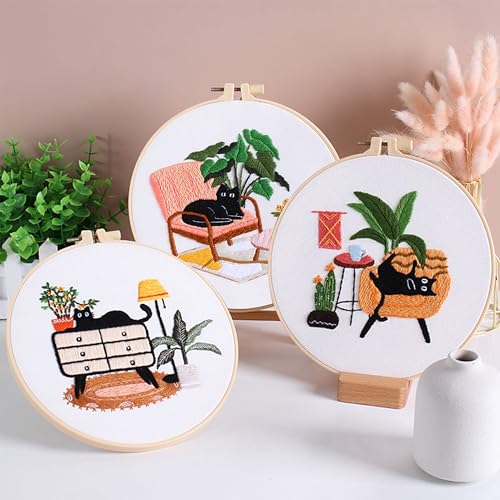 KEKEMEOW 3 Sets Embroidery Kit for Beginners, Stitches with Black Cat and Furniture, Embroidery Stitch Practice kit for Craft Lover, Needlepoint Hand Embroidery Kit with Pattern、Instruction、Hoop - color: Cat&Furnishings