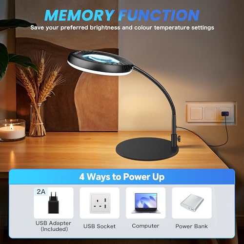 Akynite 12X Magnifying Glass with Light and Stand,5 Color 9 Levels Dimmable