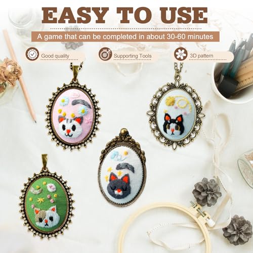 ZOCONE New 4 Packs Embroidery Necklace Kits, Embroidery Pendant Kit Mini Cross Stitch Kit with Hoop, Necklace, Pendant, Stamped Pattern Cloth, Instructions, etc., Embroidery Kits for Adults - color: I