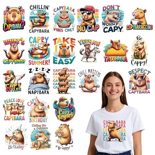 Wxiben Dtf Transfers Ready to Press - 24 Pcs Capybara Iron on Transfers for T-Shirts Cartoon Animal Heat Transfer Vinyl Stickers Cute Capybara Iron on Decals for Clothes Bag Hoodie DIY Craft - style: Capybara