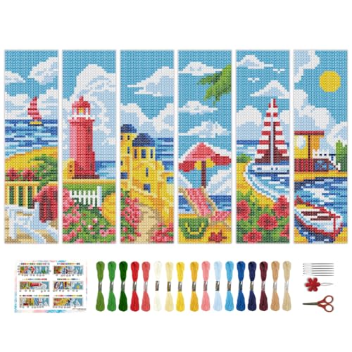 BEUNITONE 6 Pcs Summer Cross Stitch Bookmark Kits for Adults Beginners DIY Scenery Bookmarks Cross Stitch Kits with Instructions Bookmarks Punch Needle Kit for Book Lovers Reader Gift 8''x2.4'' - style: Coastal Scenery