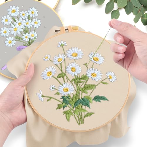 ERKOON 4 Set Embroidery Kit for Beginners, Cross Stitch Set Include Embroidery Cloth Hoops Threads for Craft Lover Hand Stitch with Embroidery Skill Techniques (Daisy) - color: Daisy
