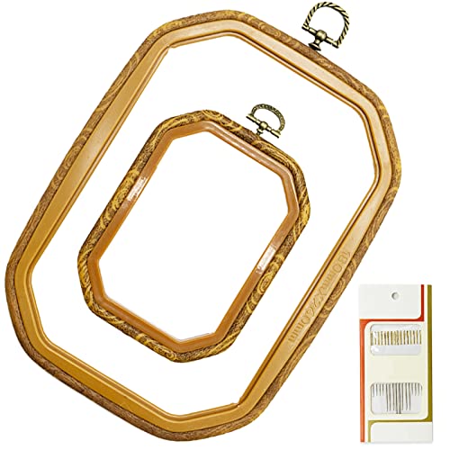 2 Sizes Imitated Wood Rectangle Round Embroidery Hoop Set Plastic Circle Cross Stitch Hoop Rings for DIY Craft Sewing,Including 16pcs Gold Eye Sewing Needles - style: 2 pcs square sizes