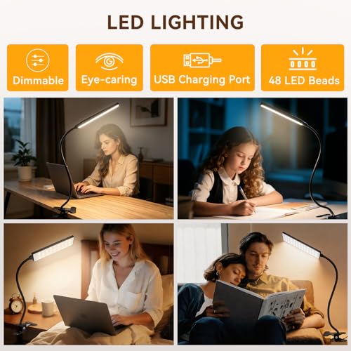 Clip‑On Desk Lamp, USB Powered Book Light, 5W LED Reading Lamp - color: Dark Black